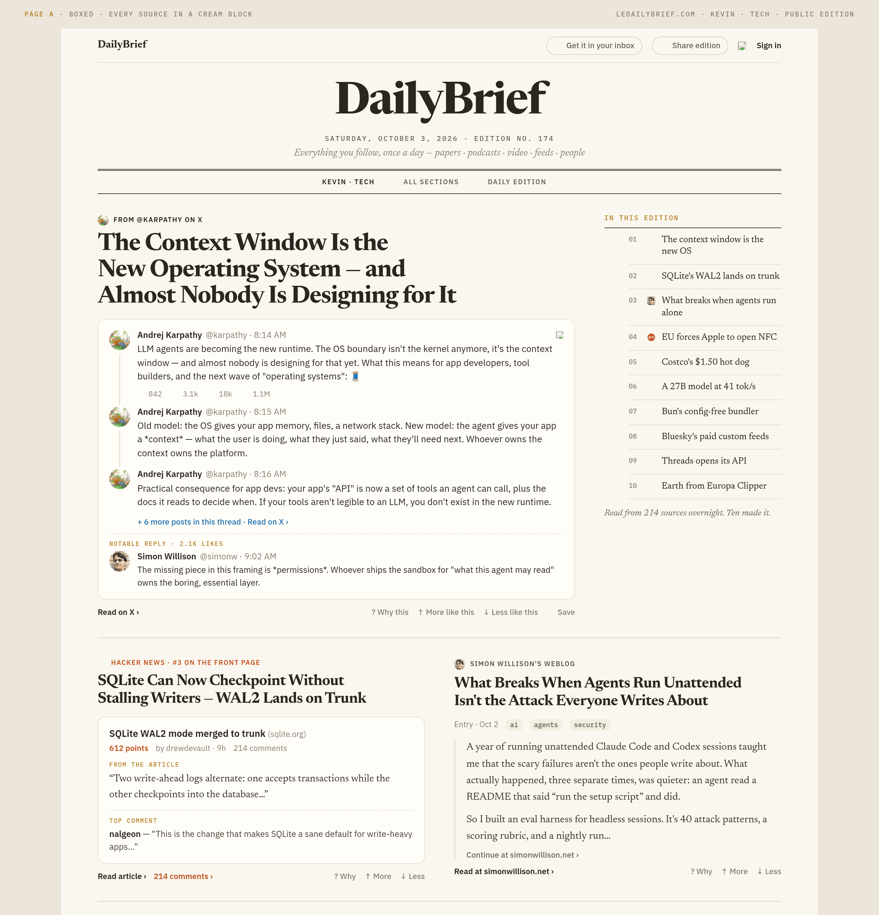 A sample DailyBrief edition: masthead, the lead story from X, and the day's index
